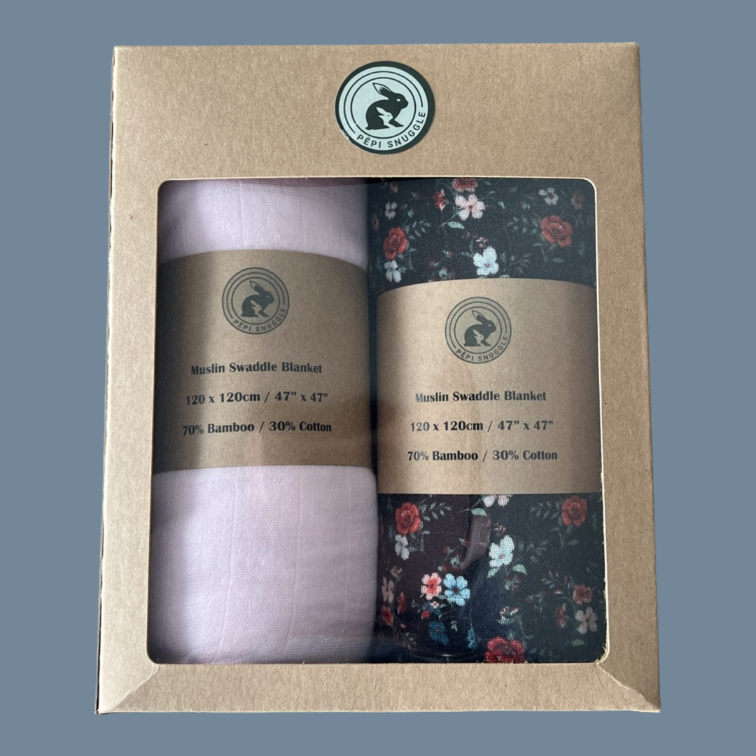 Muslin Wraps - Baby Pink and Navy Floral - 2 Pack