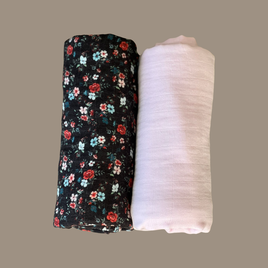 Muslin Wraps - Baby Pink and Navy Floral - 2 Pack